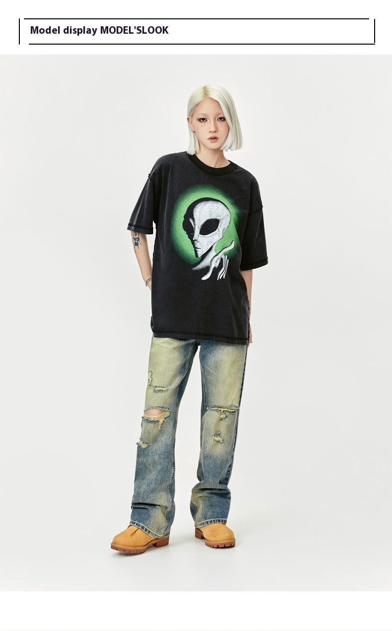 👕 Distressed Alien Print Tee – Worn-In Wisdom, Wired to the Stars