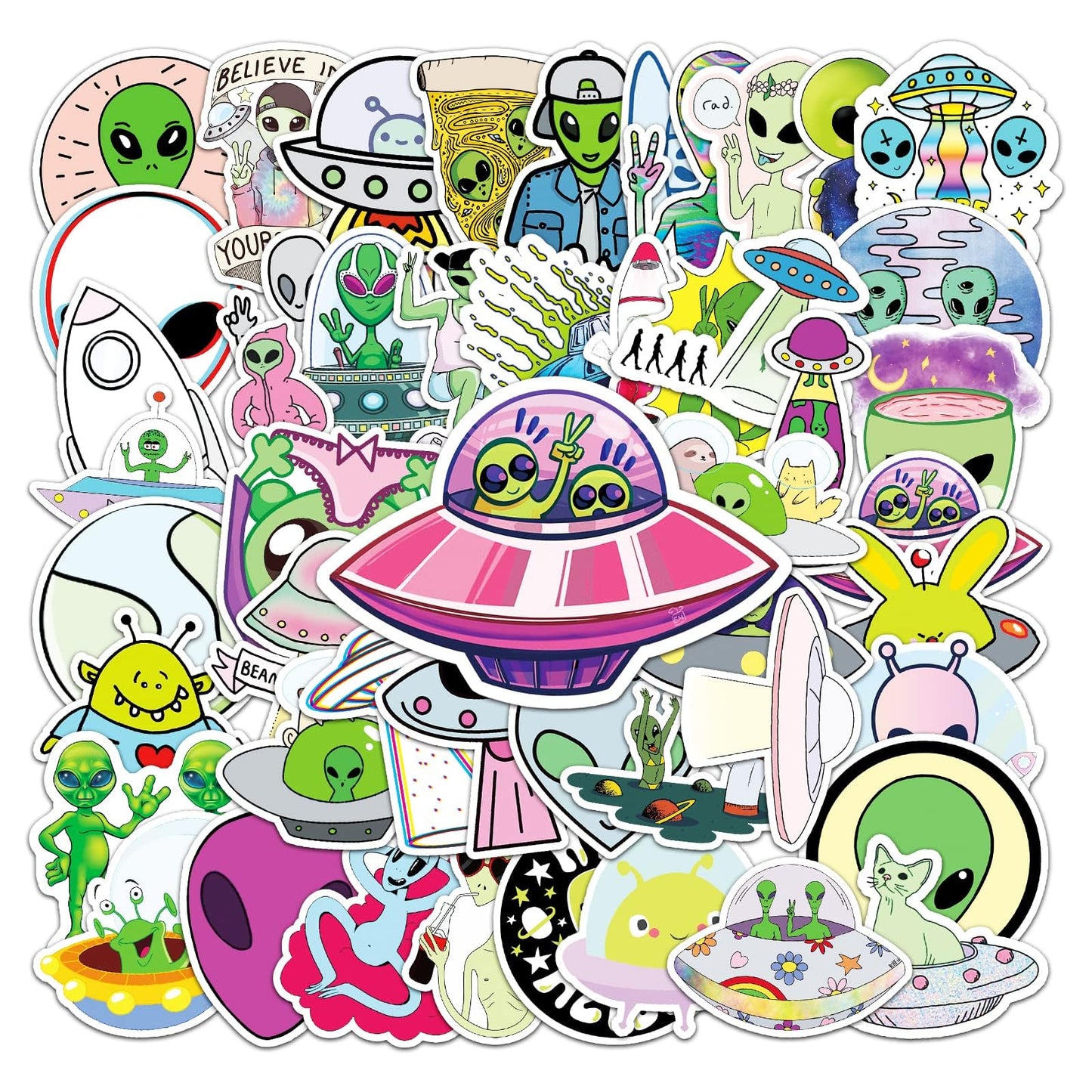 Alien Stickers Cool UFO Stickers for Teens,Vinyl Waterproof Stickers Laptop Skateboard Computer Stickers for Kids Teens Adults(Alien50 PCS)