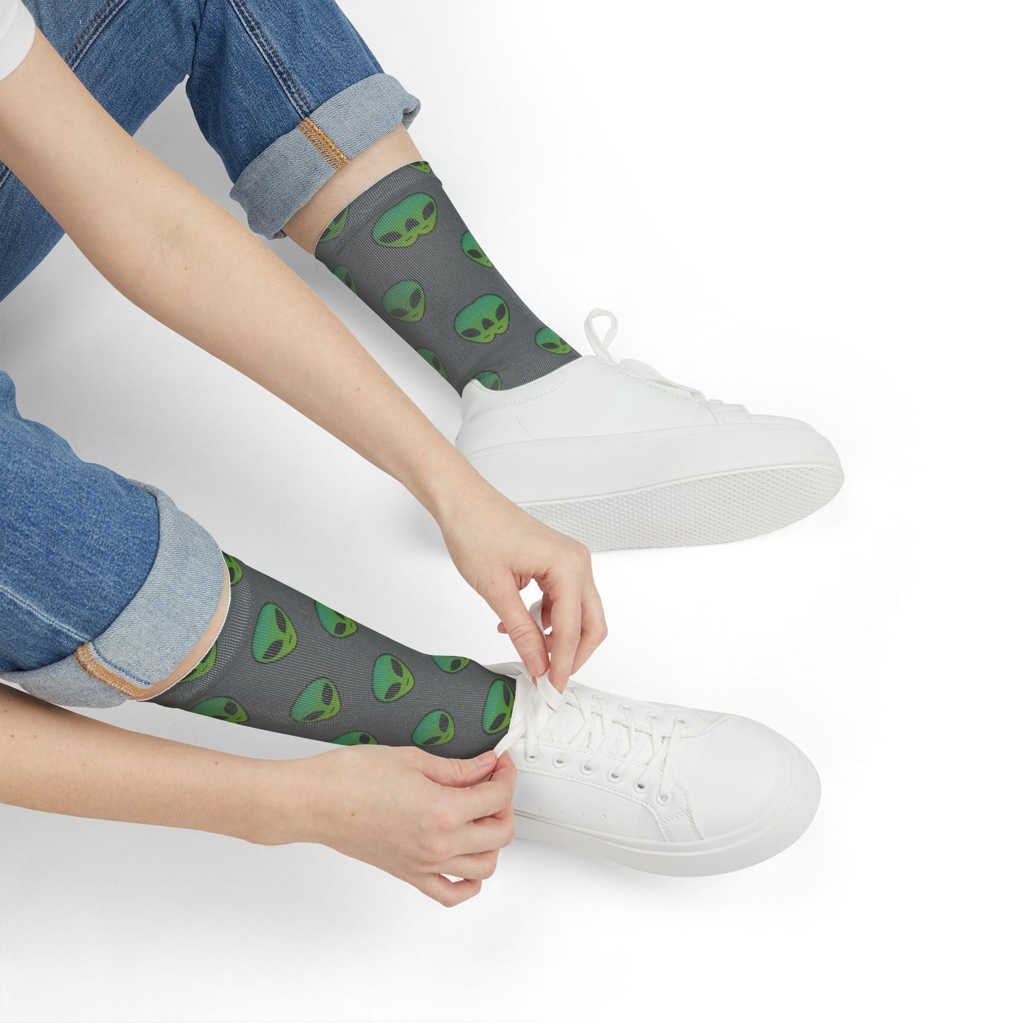 Alien Print Sublimation Crew Socks - Whimsical Socks for Sci-Fi Lovers, Unique Gifts for Holidays, Fun Fashion Accessories