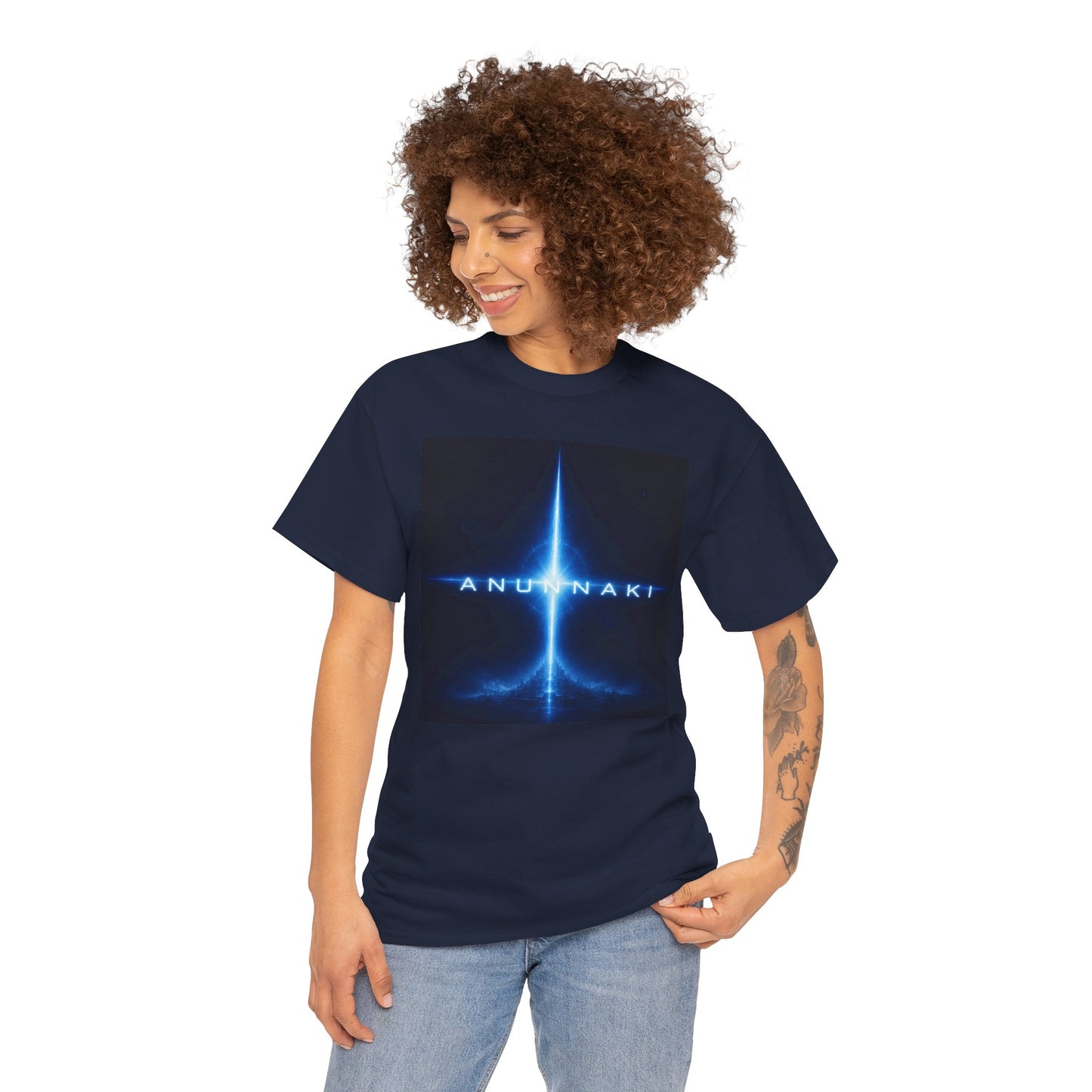 Anunnaki Sci‑Fi Graphic Tee — Blue Cosmic Light Design
