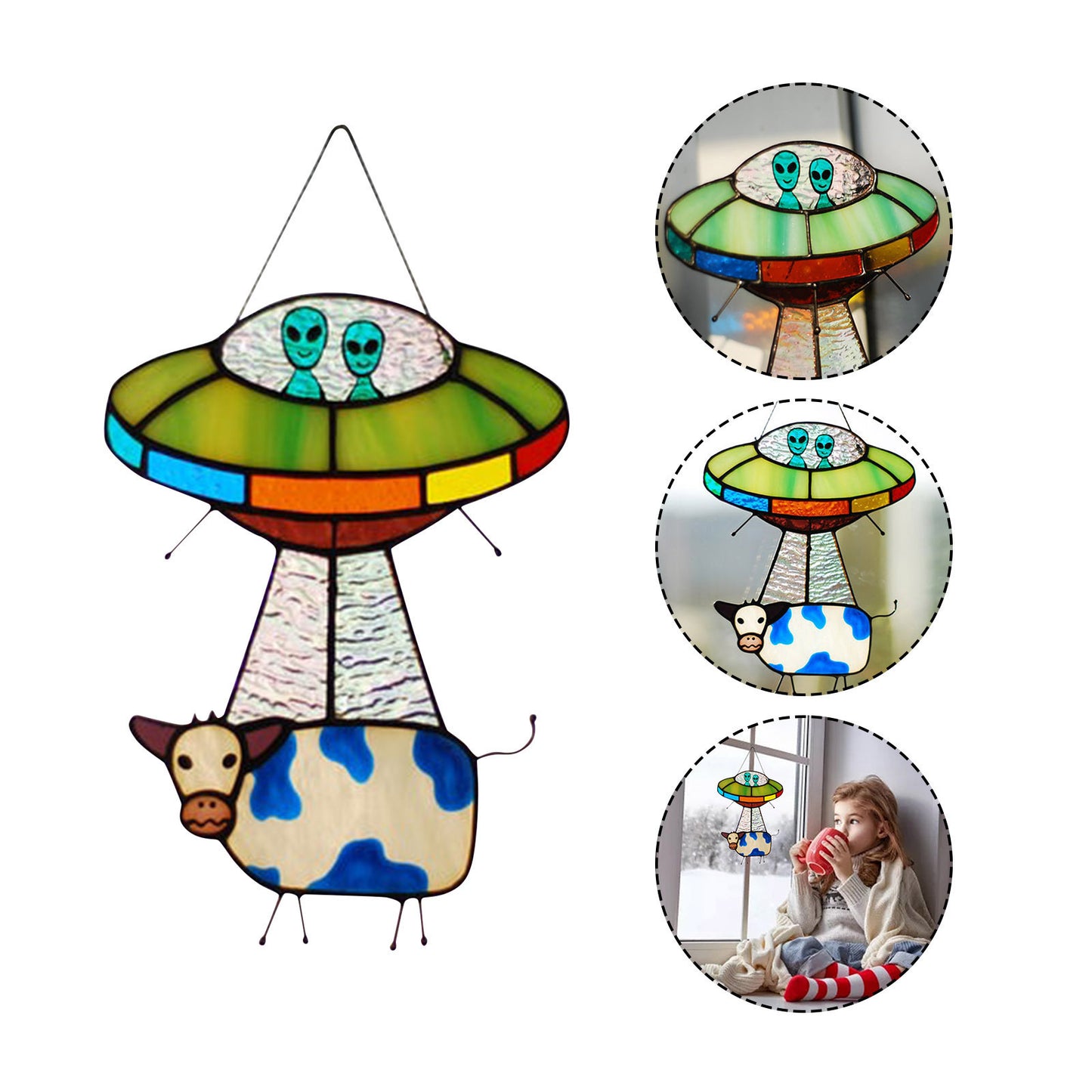 🛸 UFO Abduction Stained Glass Suncatcher – Light. Story. Moo.