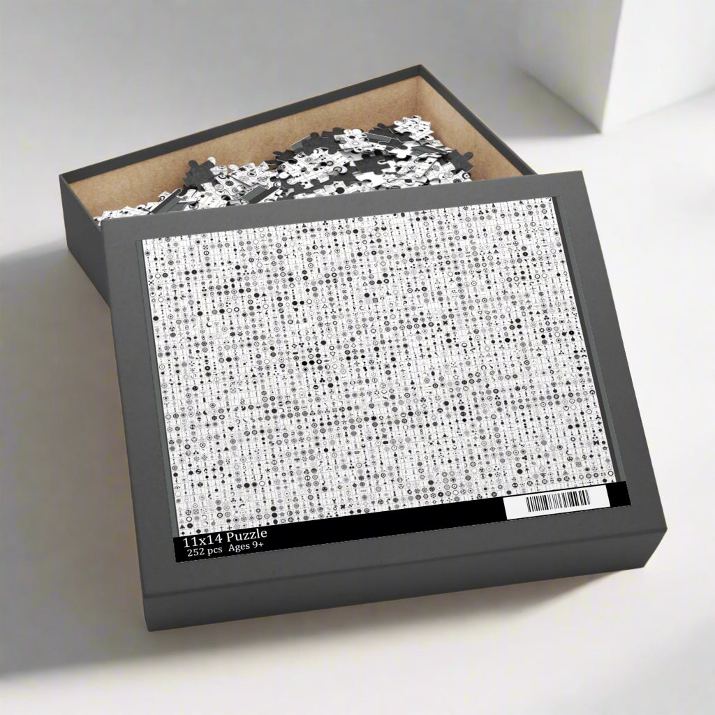 Jigsaw puzzle in a box with a patterned cover