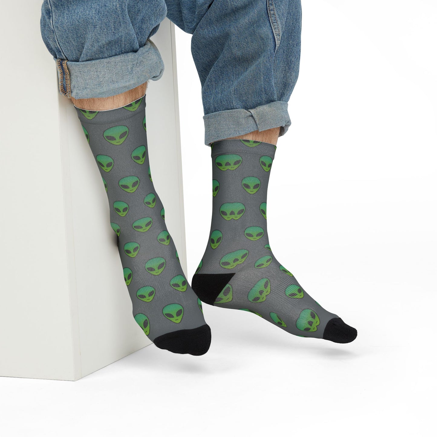 Alien Print Sublimation Crew Socks - Whimsical Socks for Sci-Fi Lovers, Unique Gifts for Holidays, Fun Fashion Accessories