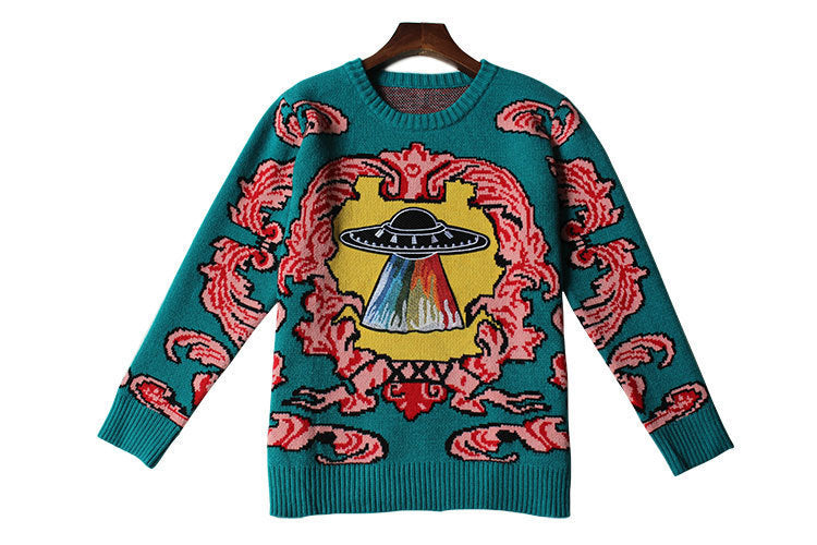 🧶 Vintage UFO Jacquard Sweater – Stay Warm, Stay Weird