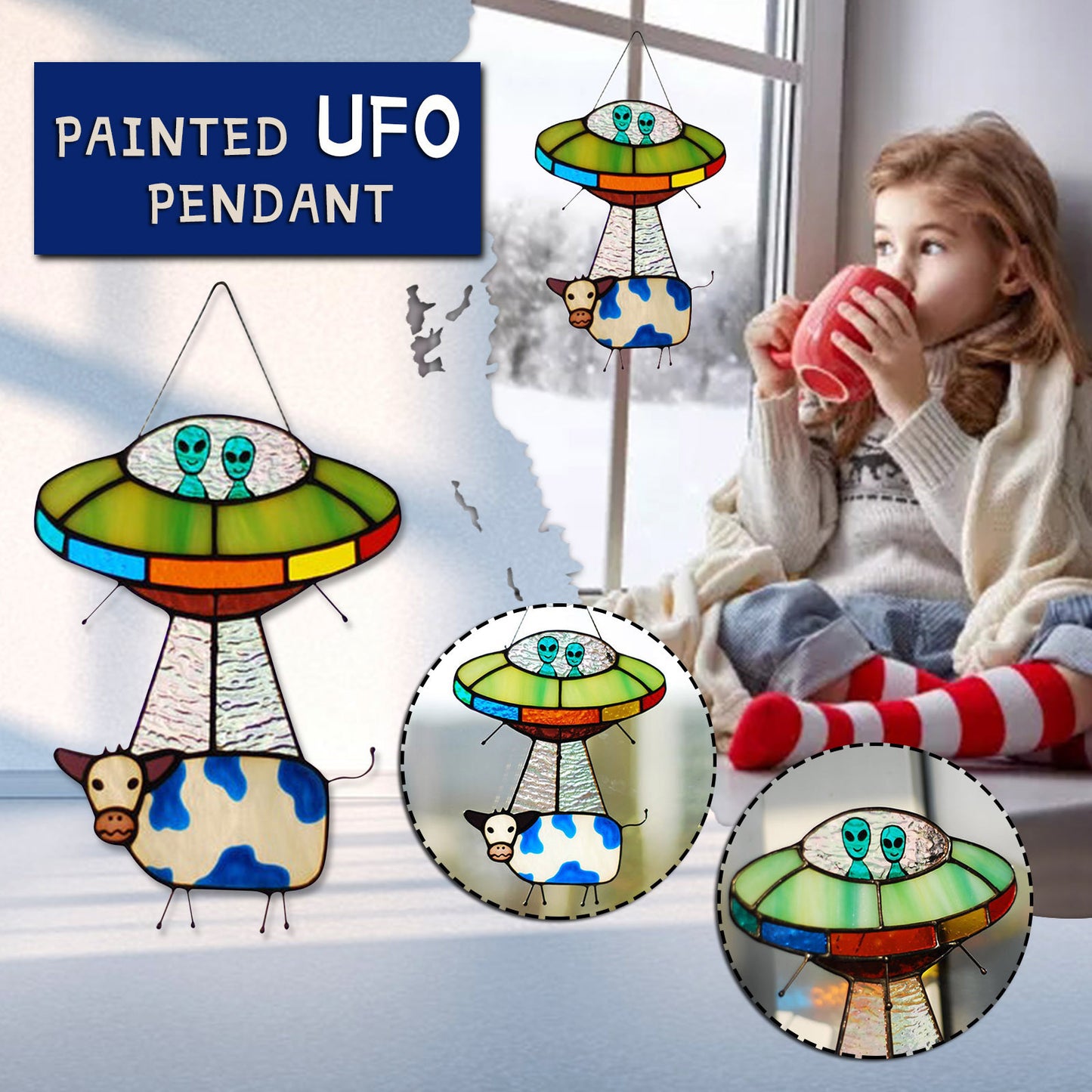 🛸 UFO Abduction Stained Glass Suncatcher – Light. Story. Moo.