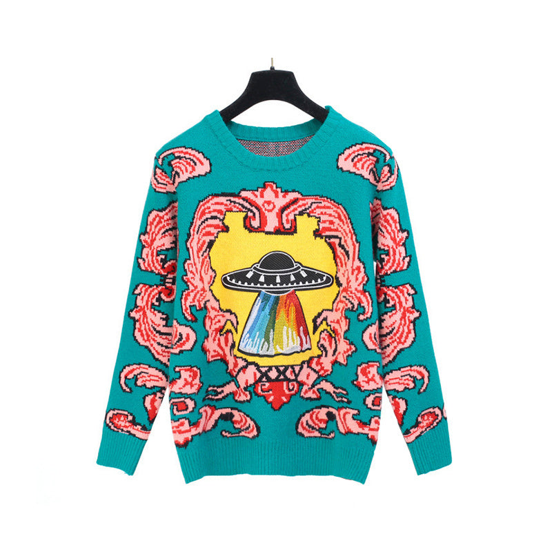 🧶 Vintage UFO Jacquard Sweater – Stay Warm, Stay Weird