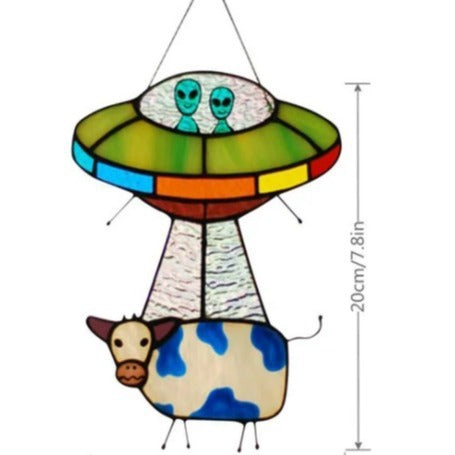 🛸 UFO Abduction Stained Glass Suncatcher – Light. Story. Moo.