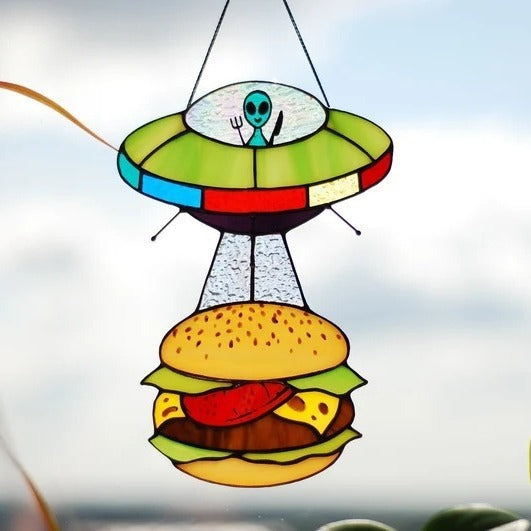 🛸 UFO Abduction Stained Glass Suncatcher – Light. Story. Moo.