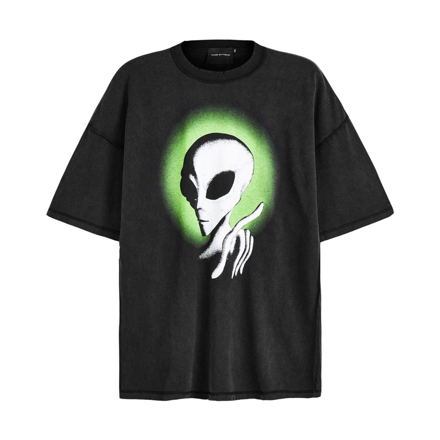 👕 Distressed Alien Print Tee – Worn-In Wisdom, Wired to the Stars