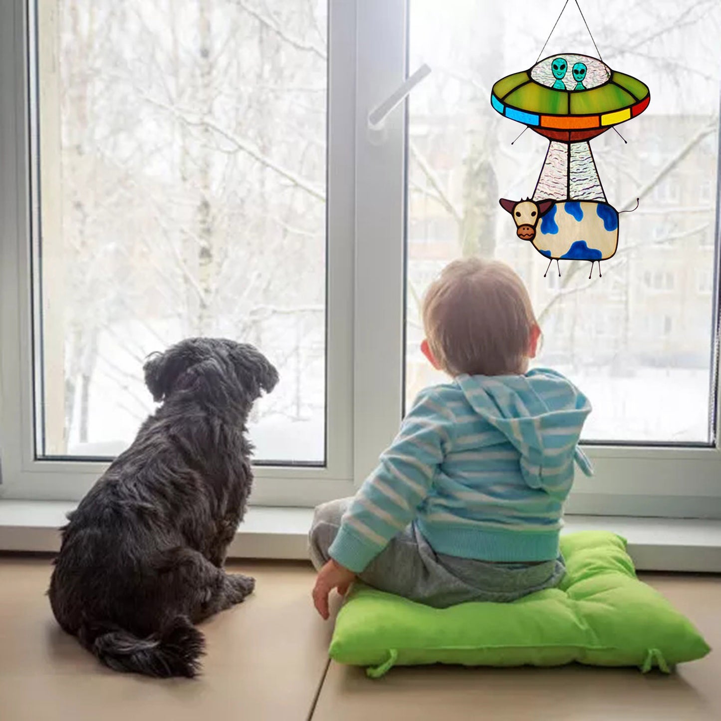 🛸 UFO Abduction Stained Glass Suncatcher – Light. Story. Moo.