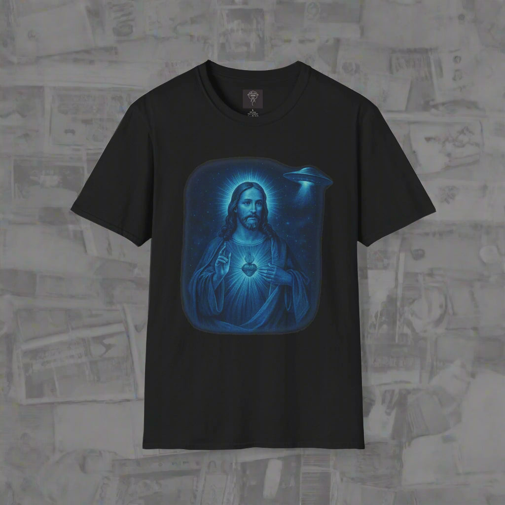 Black t-shirt with a blue graphic of a religious figure on a white background