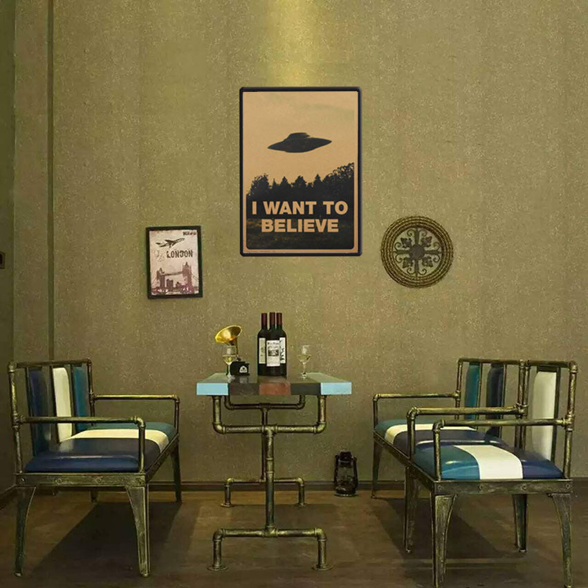 “I Want to Believe” UFO Kraft Poster – Classic Forest Scene