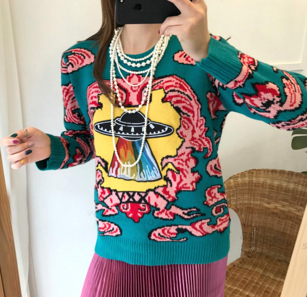 🧶 Vintage UFO Jacquard Sweater – Stay Warm, Stay Weird