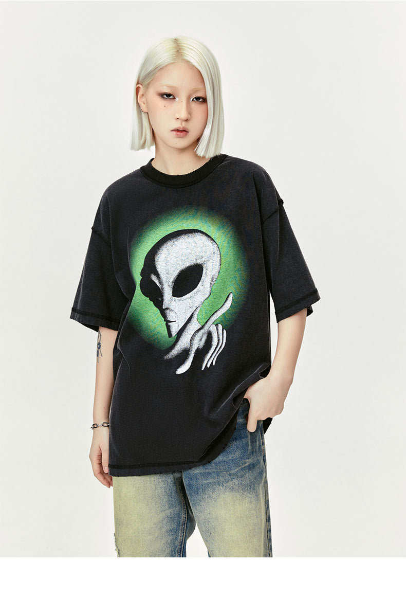 👕 Distressed Alien Print Tee – Worn-In Wisdom, Wired to the Stars