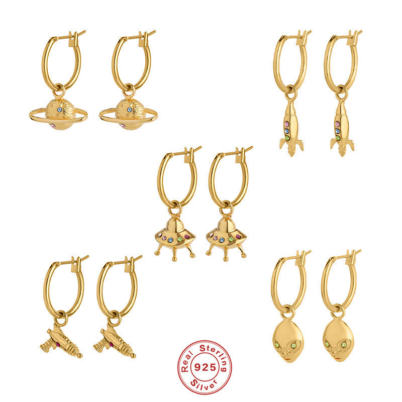 🌠 Celestial Gold Drop Earrings – Planets, Ships & Something Beyond