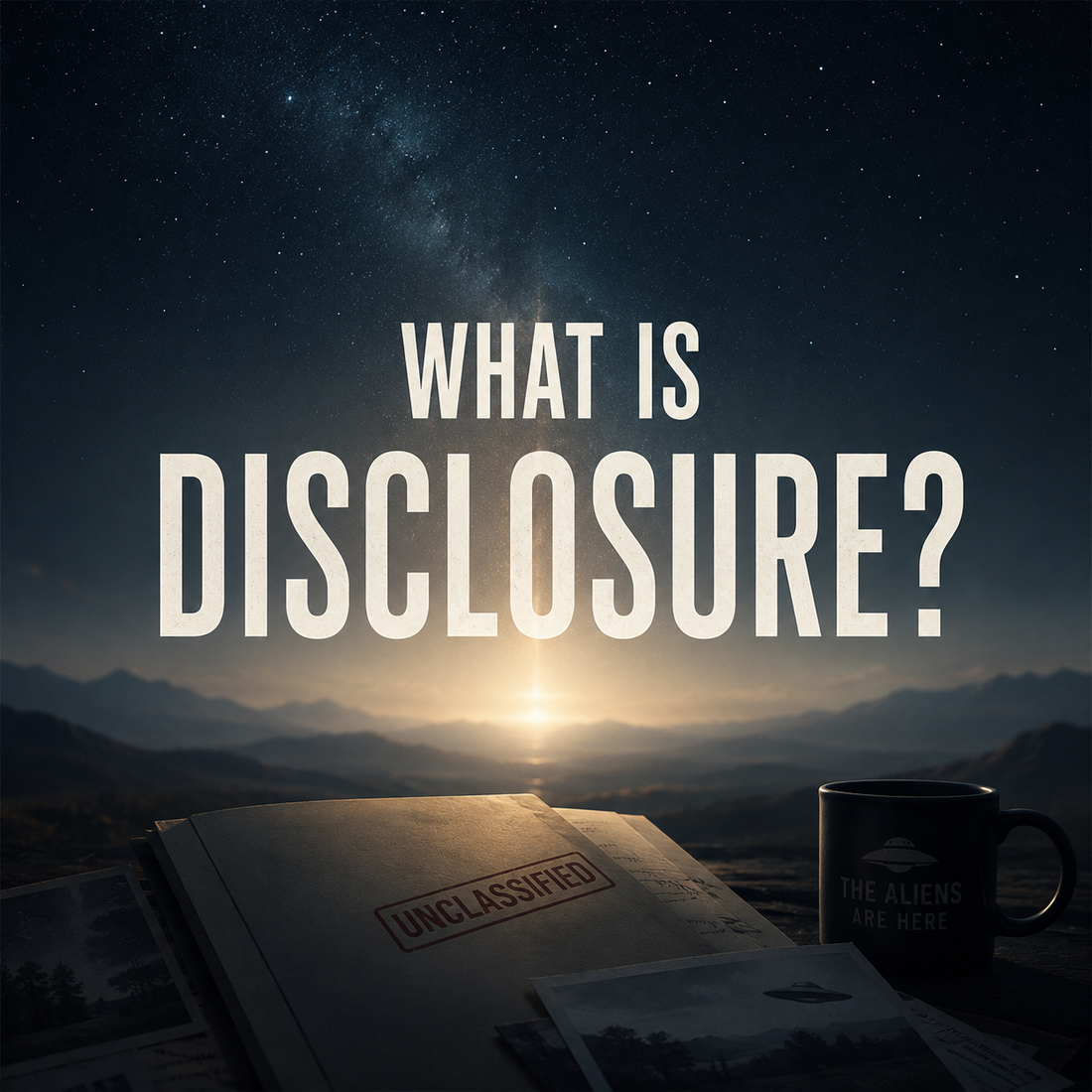 Disclosure Day theater marquee at sunset as people gather for a public conversation about UFO disclosure, UAP investigations, whistleblowers, and humanity's place in the universe.