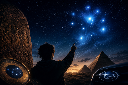 night sky scene showing a person pointing toward the glowing Pleiades