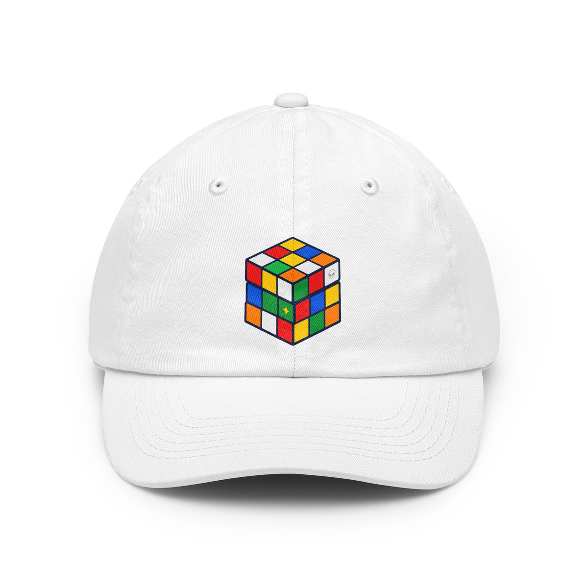 Project Cube multicolor UAP graphic on white low-profile dad cap