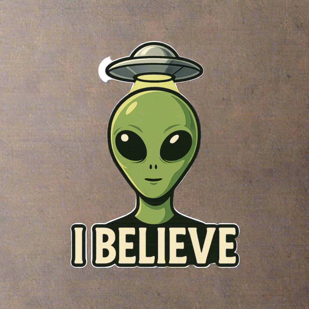 Green alien head with 'I Believe' text on a white background