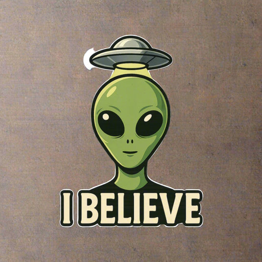 Green alien head with 'I Believe' text on a white background