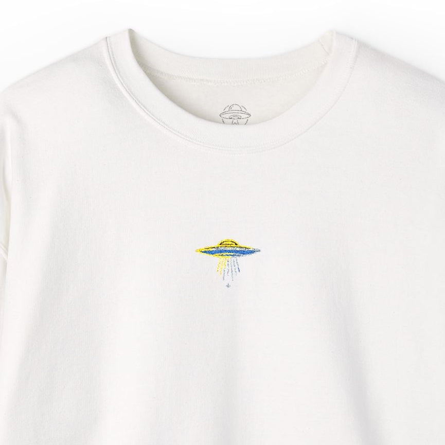 Colorful UFO embroidered at center chest on white crewneck sweatshirt