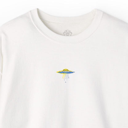 Colorful UFO embroidered at center chest on white crewneck sweatshirt