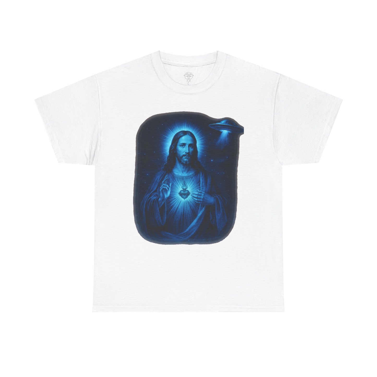 Galactic Jesus Sacred Heart and UFO graphic T-shirt in [COLOR]