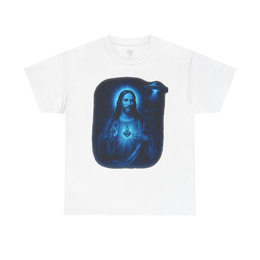Galactic Jesus Sacred Heart and UFO graphic T-shirt in [COLOR]
