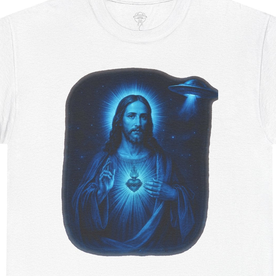 Luminous blue Galactic Jesus artwork with Sacred Heart and celestial craft