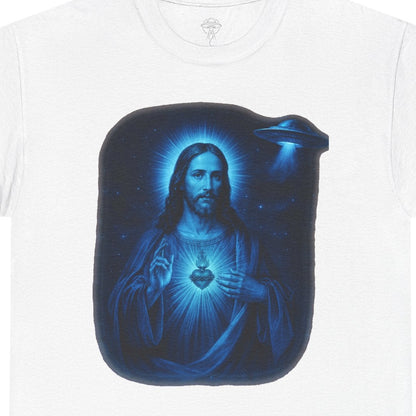 Luminous blue Galactic Jesus artwork with Sacred Heart and celestial craft