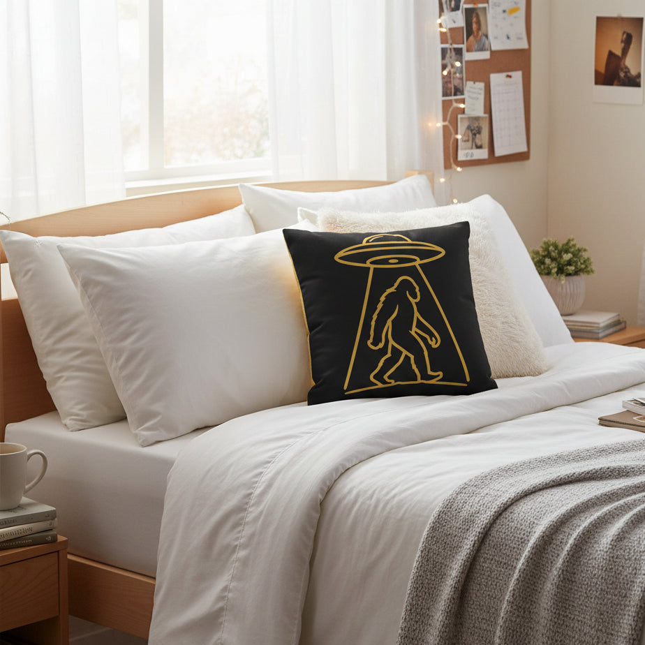 Bigfoot UFO Abduction Pillowcase — Gold Outline Alien Abduction Accent Pillow Cover