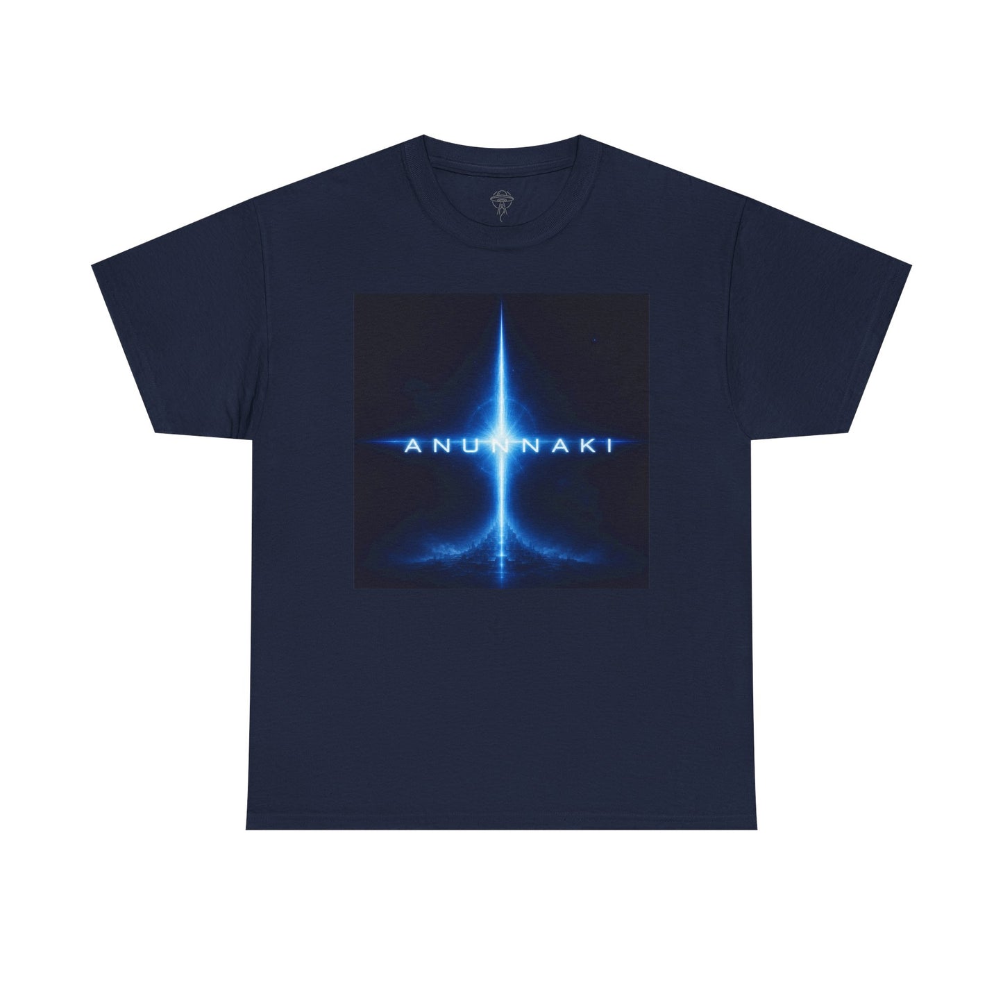 Anunnaki Sci‑Fi Graphic Tee — Blue Cosmic Light Design
