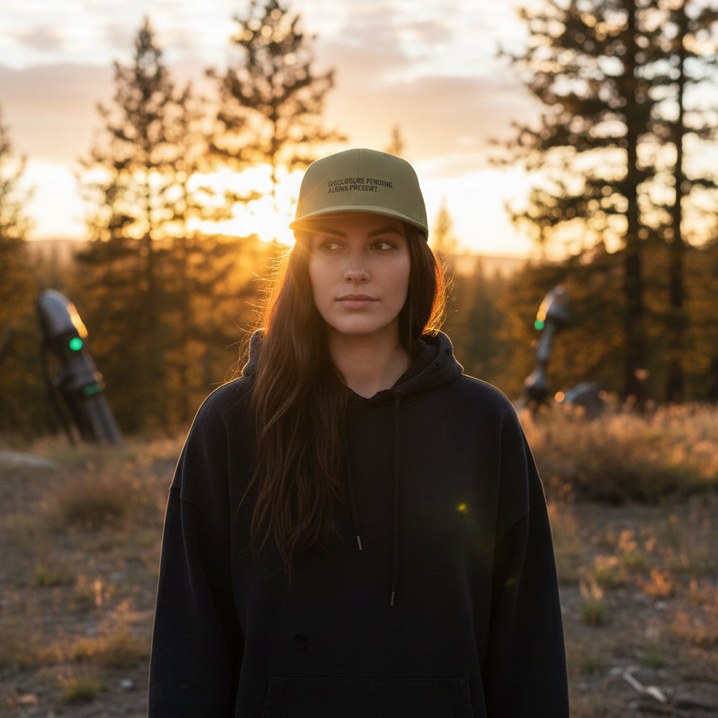A woman wearing an olive green trucker hat with black embroidered text reading 'DISCLOSURE PENDING. ALIENS PRESENT.