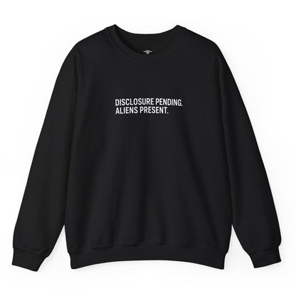 Black sweatshirt with 'Disclosure Pending. Aliens Present.' text on a white background