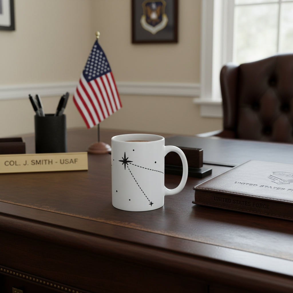 White mug with Sirius star design on a wooden table with coffee inside