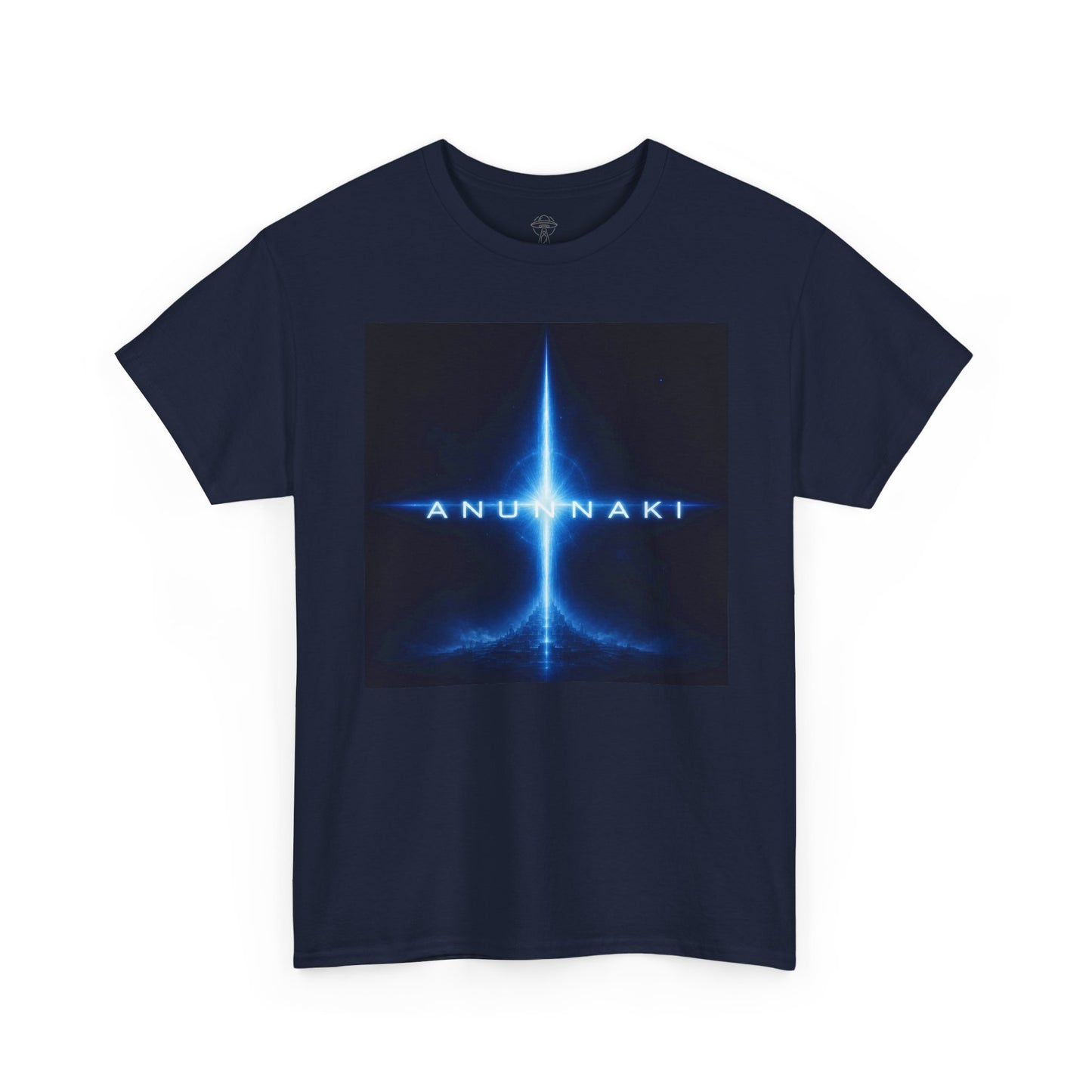 Anunnaki Sci‑Fi Graphic Tee — Blue Cosmic Light Design