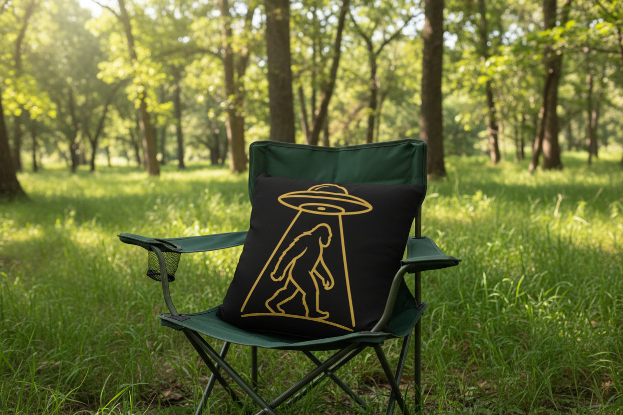 A square black throw pillow featuring a gold line-art graphic of a Bigfoot silhouette walking beneath a flying saucer, shown on a clean white background.