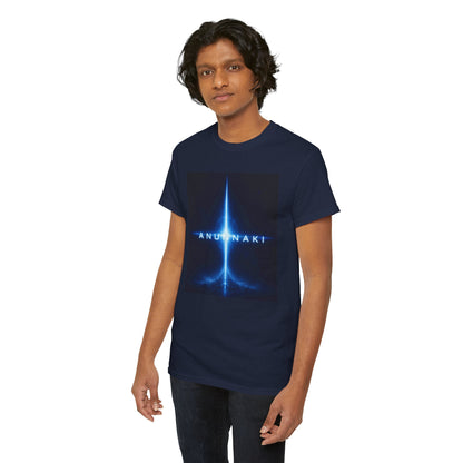 Anunnaki Sci‑Fi Graphic Tee — Blue Cosmic Light Design
