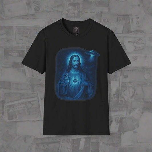 Black t-shirt with a blue graphic of a religious figure on a white background