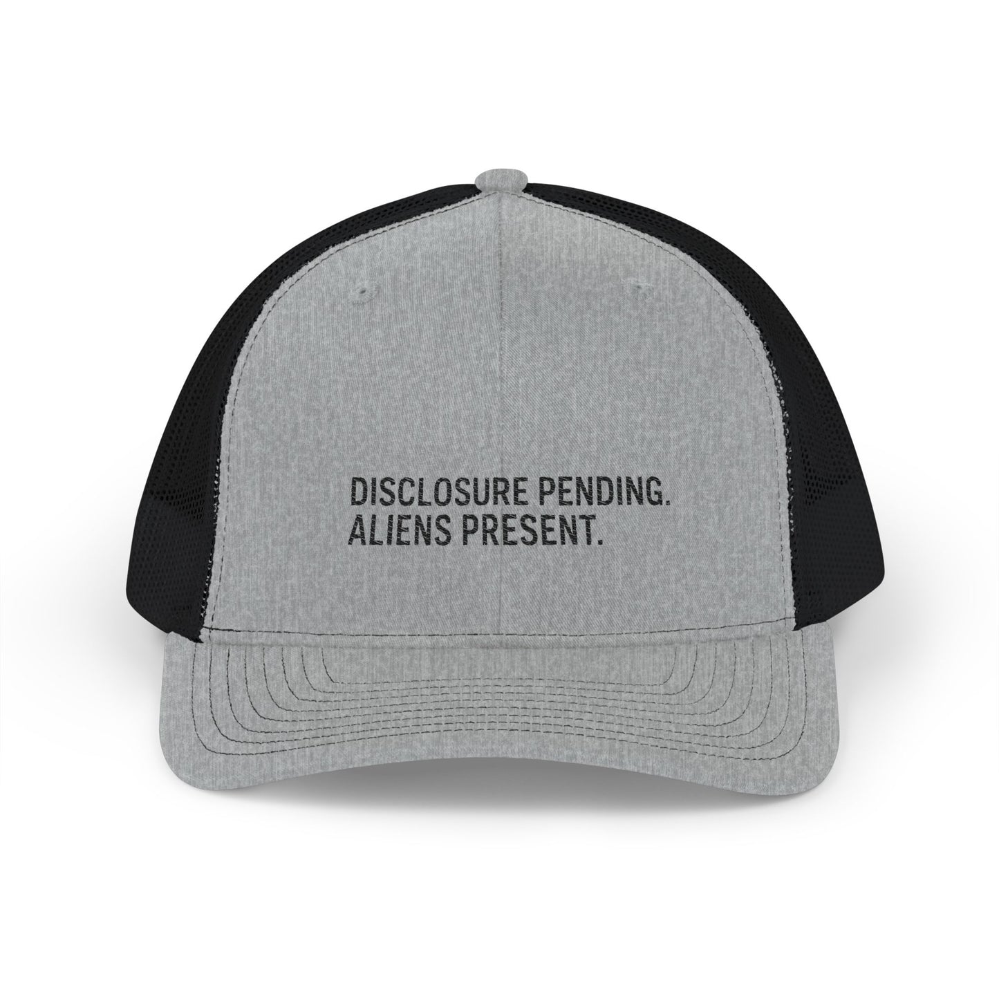 Gray and black cap with 'DISCLOSURE PENDING. ALIENS PRESENT.' logo on a white background