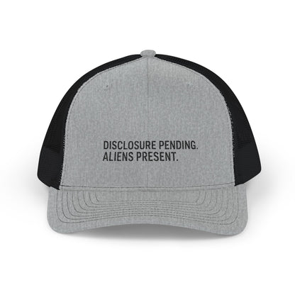 Gray and black cap with 'DISCLOSURE PENDING. ALIENS PRESENT.' logo on a white background