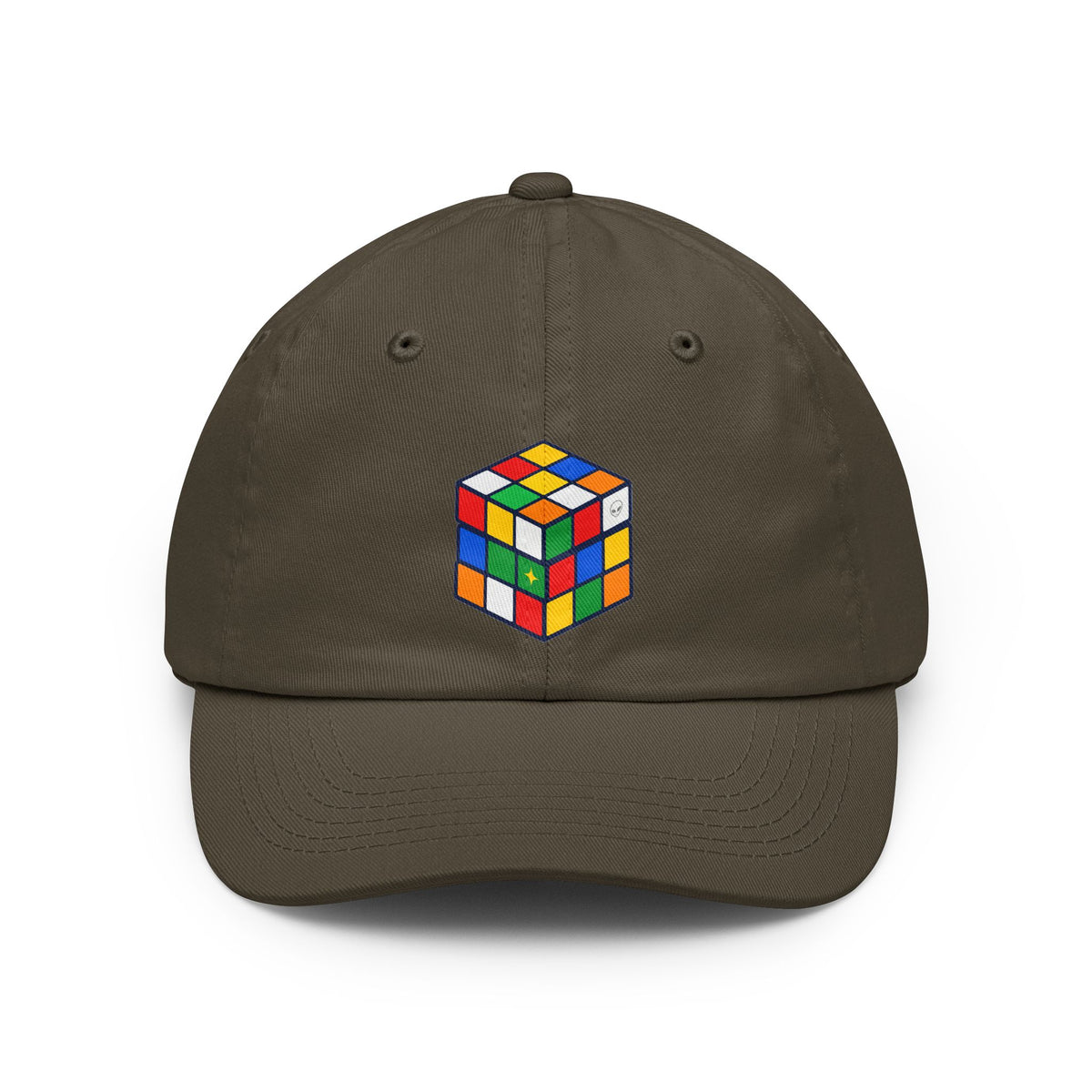 Project Cube multicolor UAP graphic on olive low-profile dad cap