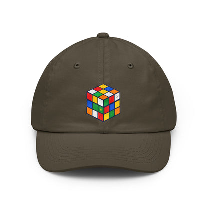 Project Cube multicolor UAP graphic on olive low-profile dad cap
