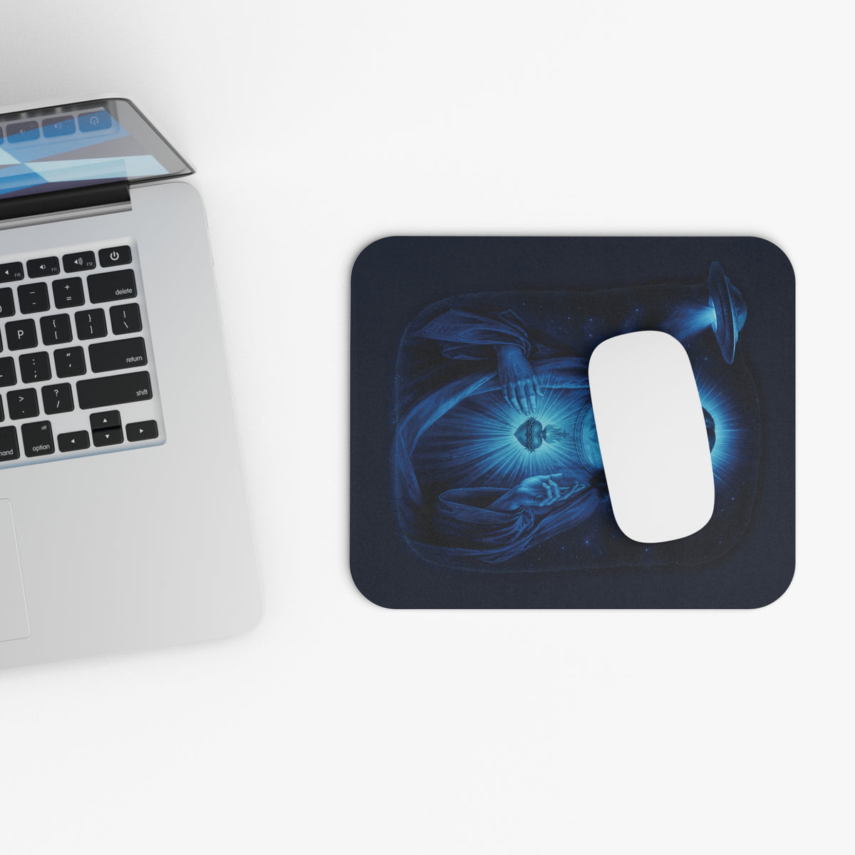 Cosmic Jesus Blue Glow Mouse Pad — Rectangular Gaming Desk Pad