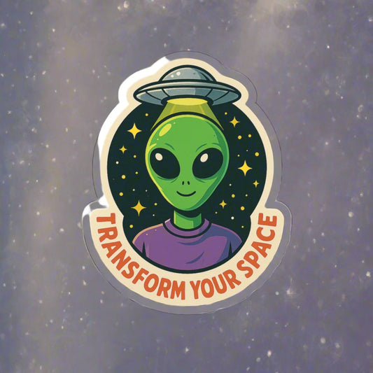Sticker with an alien design and 'Transform Your Space' text on a white background