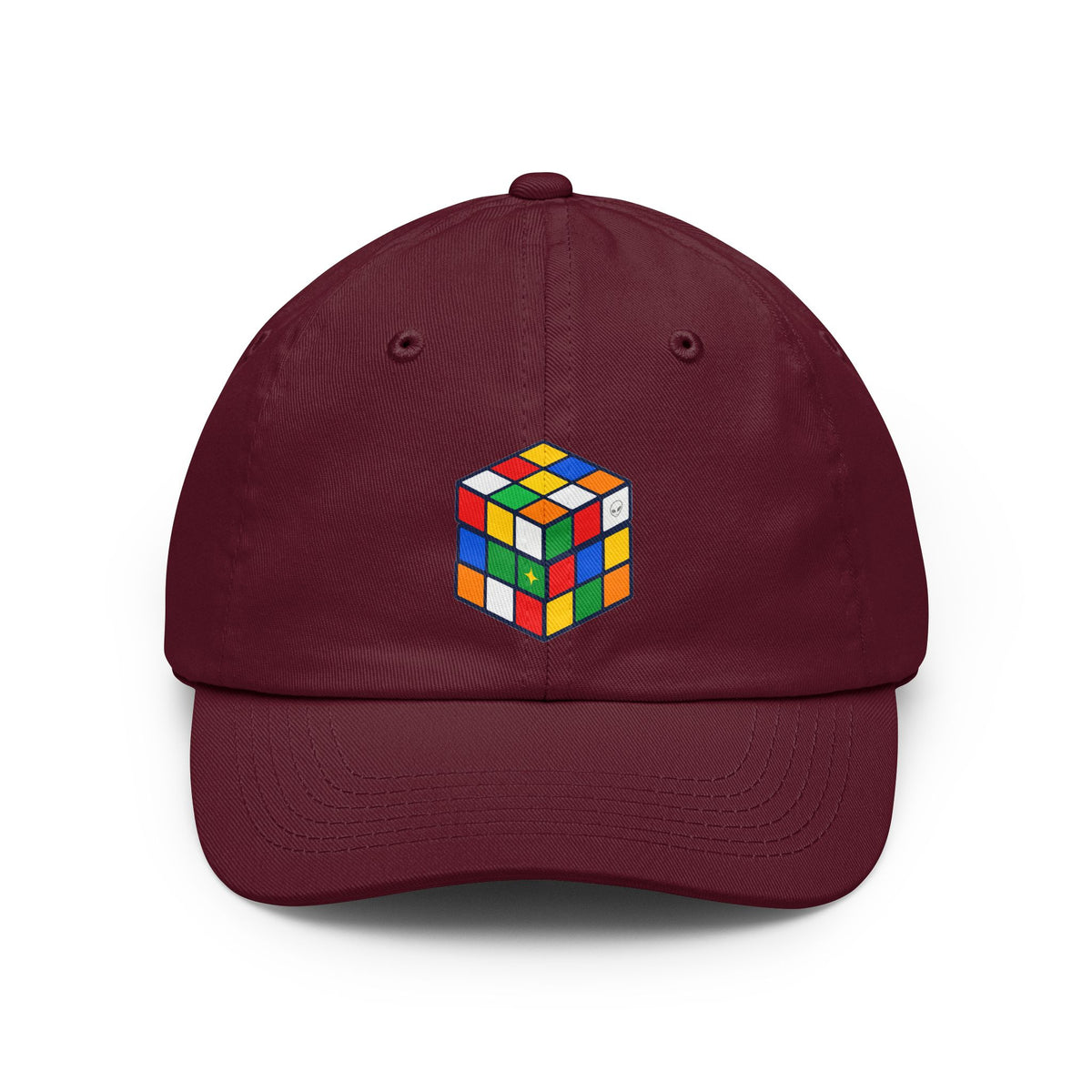 Project Cube multicolor UAP graphic on burgundy low-profile dad cap