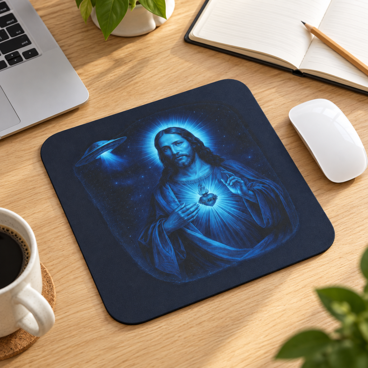 Cosmic Jesus Blue Glow Mouse Pad — Rectangular Gaming Desk Pad