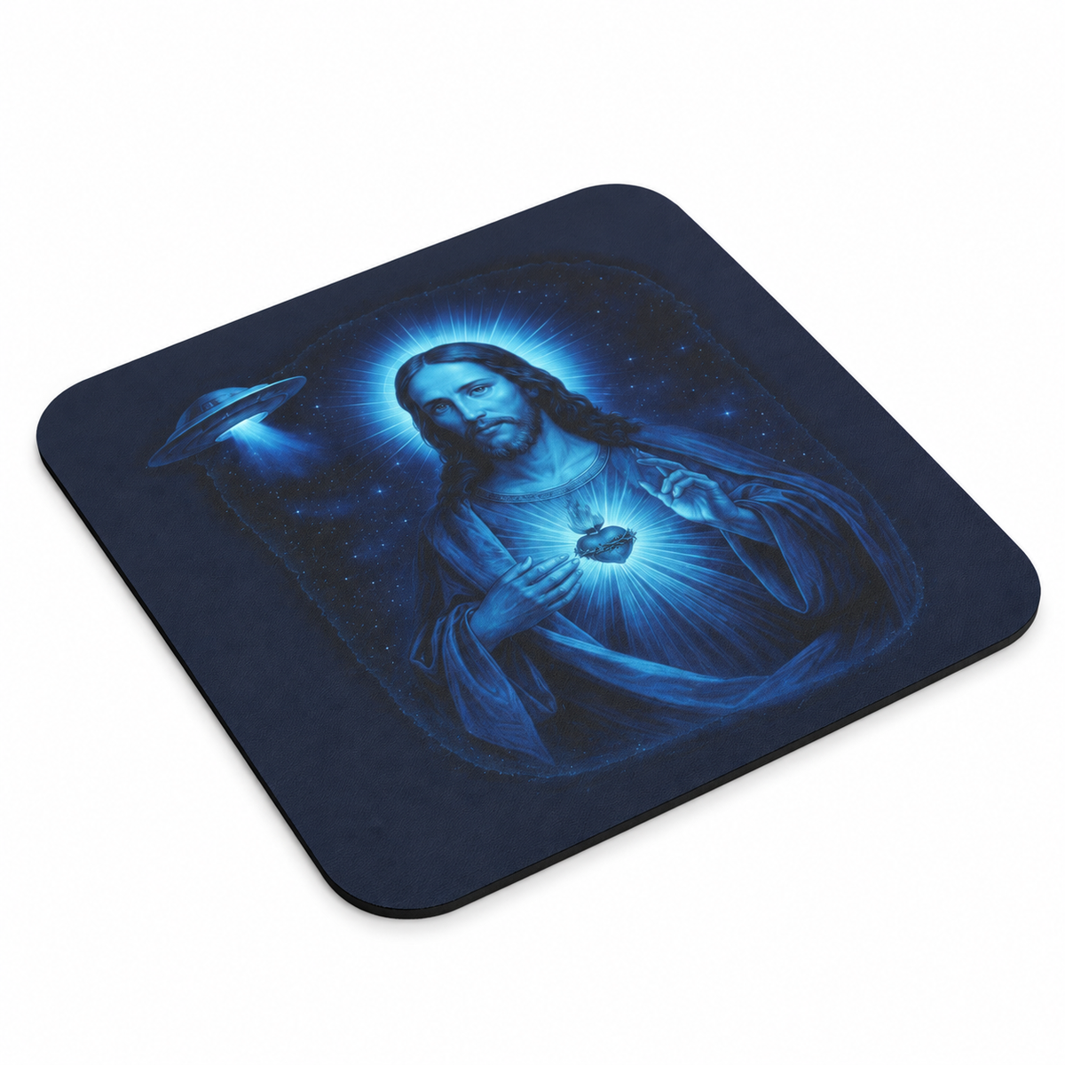 Cosmic Jesus Blue Glow Mouse Pad — Rectangular Gaming Desk Pad