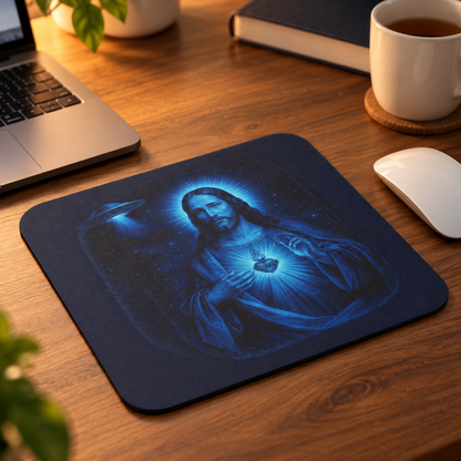 Cosmic Jesus Blue Glow Mouse Pad — Rectangular Gaming Desk Pad