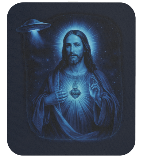 Dark navy Galactic Jesus mouse pad featuring luminous blue Jesus, Sacred Heart imagery, and a flying saucer, shown with a white mouse.